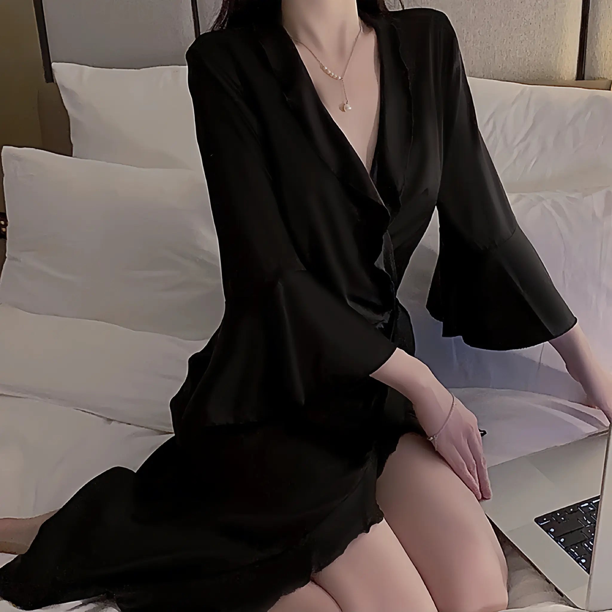 Silky Satin Deep V Neck Robe with Side Tie Waist and Flared Sleeves Peach Passion