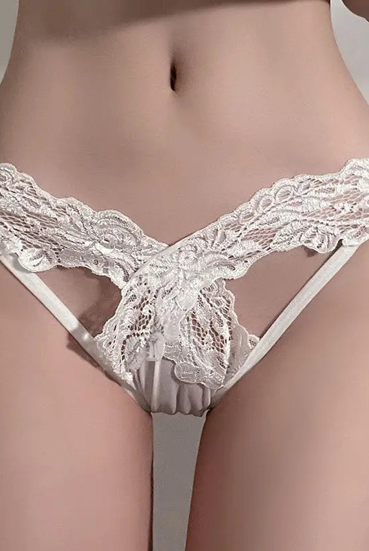 Lace Hollow-Out Butterfly Bow Crotchless Low-Rise Triangle Panties Peach Passion