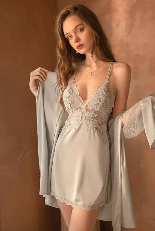 Satin Padded Strap Nightgown with Embroidered Lace Overlay Peach Passion