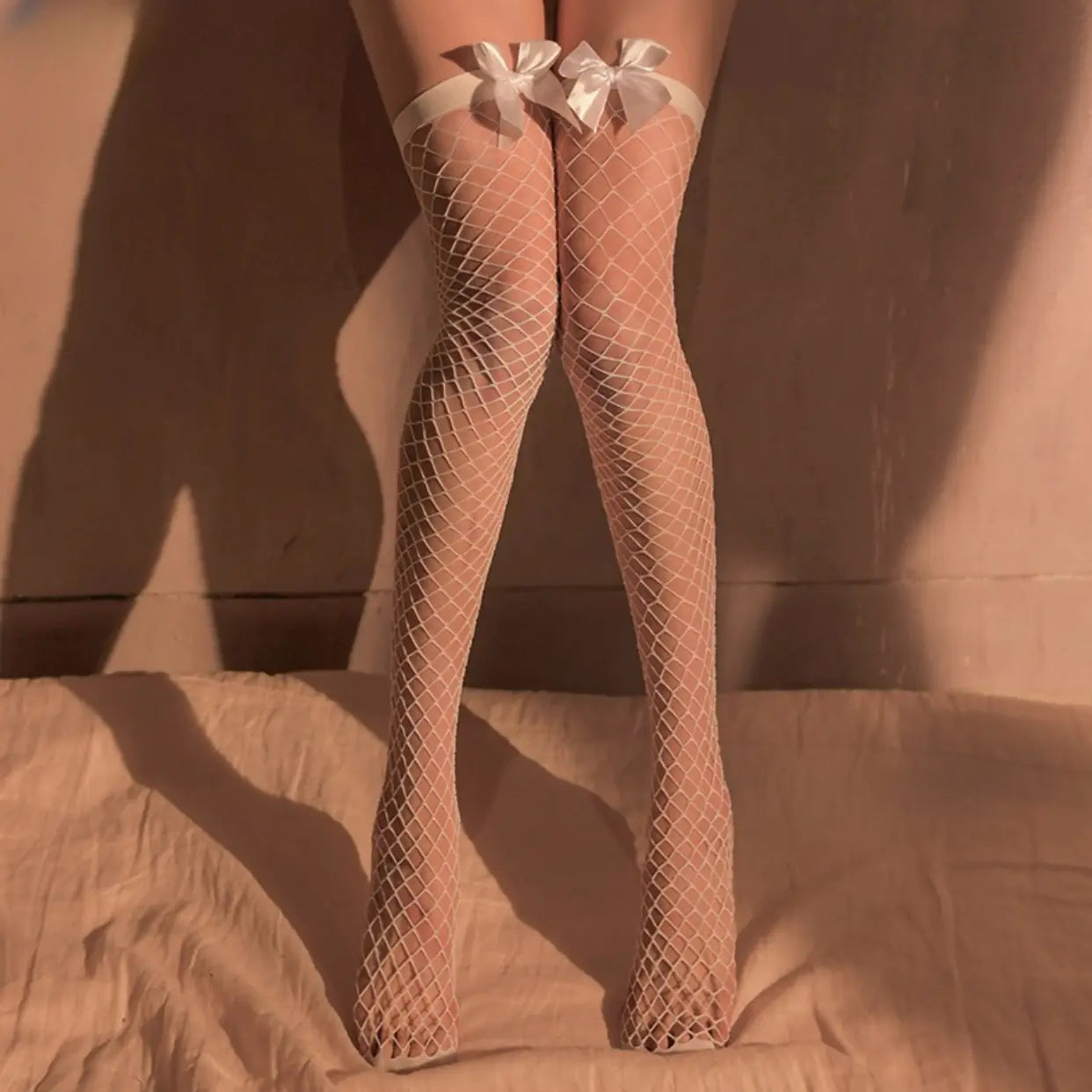 Cute Bow Long Mesh Stockings - Peach Passion