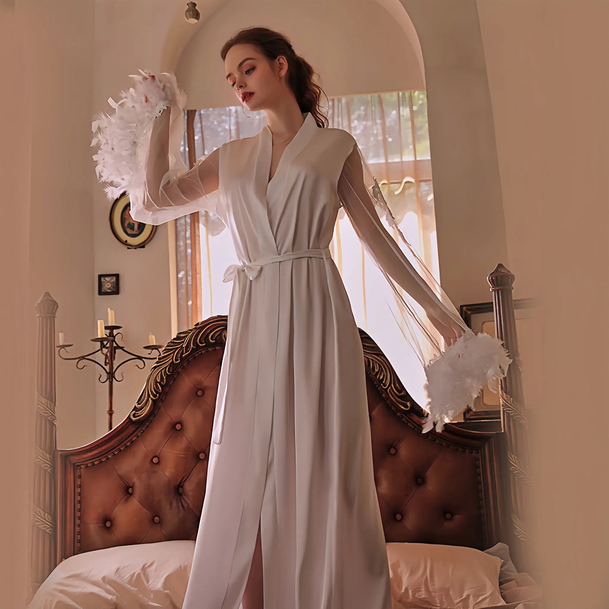 Silk-Blend Robe with Feather Cuffs and Embroidered Belt - Luxurious Long Home Wear Set Peach Passion