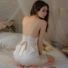 Sensual Low-Cut Plunging Neckline Pearl Embellished Tie-Back Nightgown Peach Passion