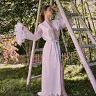 Silk-Blend Robe with Feather Cuffs and Embroidered Belt - Luxurious Long Home Wear Set Peach Passion