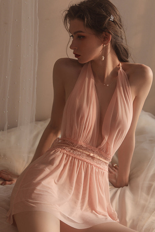 Sexy Mesh Deep V-neck Halter Nightgown Peach Passion