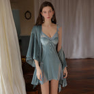 Sensual Velvet and Sheer Deep V-Neck Nightgown with Flutter Sleeve Robe Set Peach Passion