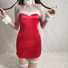 Cute and Sweet Velvet Bunny Girl Suspender Mini Skirt Role Play Uniform Set for Women Peach Passion