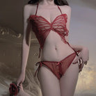 Sensual Sheer Mesh Butterfly Three-Piece Open Back Crotchless Role Play Uniform Set Peach Passion