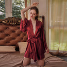 Elegant Red Silk Robe with Lace Cuff Detail - Luxurious Belted Loungewear Peach Passion