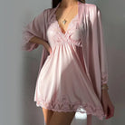 Satin Embroidered Lace Deep V Temptation Lingerie Slip Peach Passion