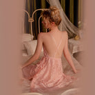 Lace Sheer Deep V-neck Strap Nightgown Peach Passion