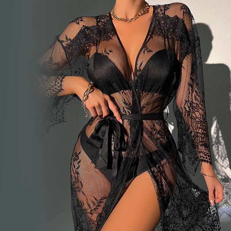 Sizzling Sheer Mesh Deep V Tie-Front Comfort Robe Uniform Set - Black