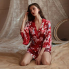 Sensual Deep V Japanese Print Kimono-Inspired Lingerie Peach Passion