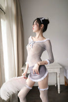 Elegant Grey Fishnet Maid Bodystocking Set - Peach Passion