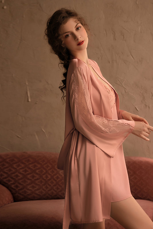 Satin Spaghetti Strap Long Sleeve Lace-Up Nightgown Peach Passion