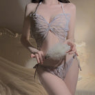 Sensual Sheer Mesh Butterfly Three-Piece Open Back Crotchless Role Play Uniform Set Peach Passion