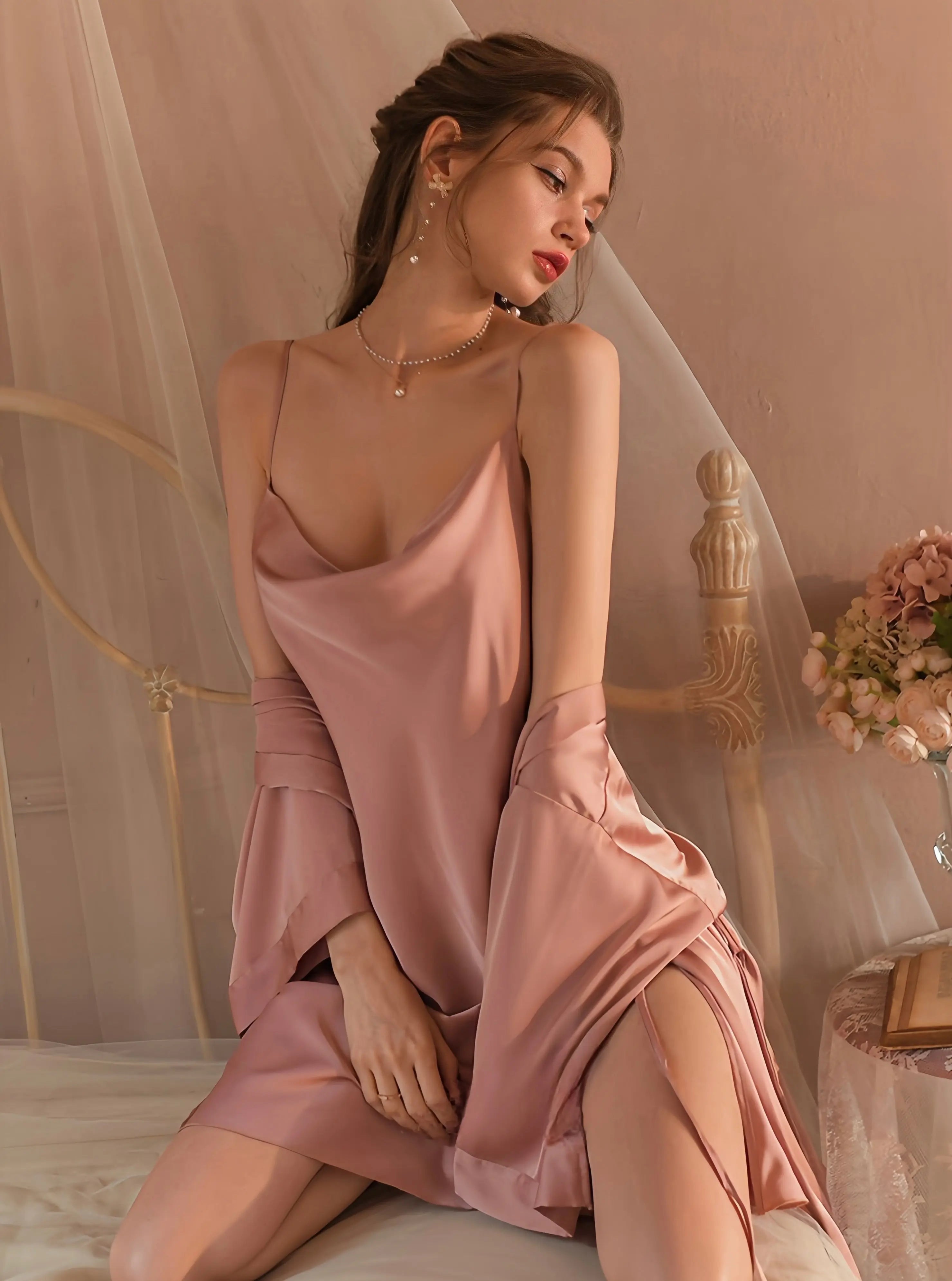 Sexy Spaghetti Strap Ice Silk Sleepwear Peach Passion