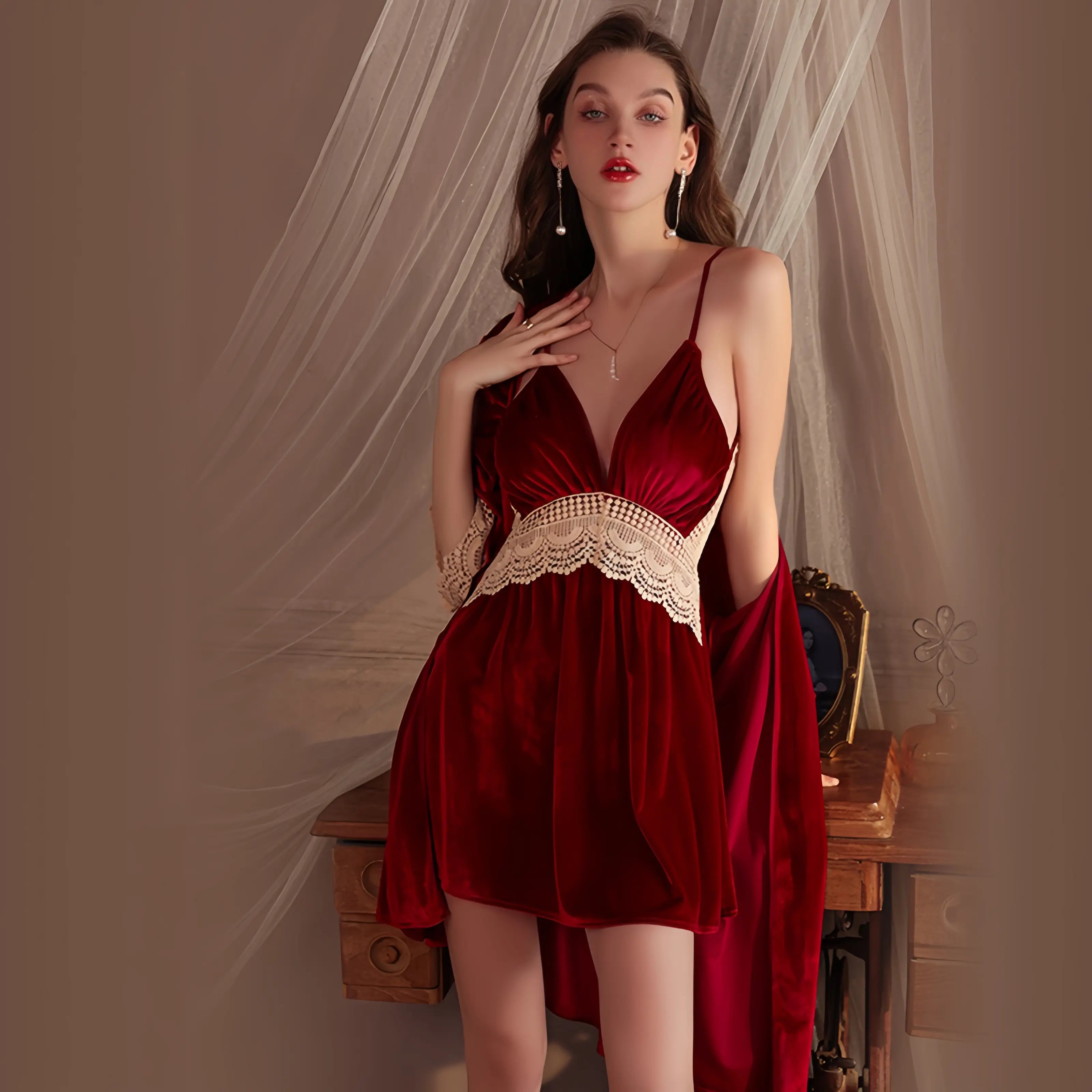 Seductive Deep V-Neck Velvet Slip Dress with Butterfly Lace and Robe Set Peach Passion