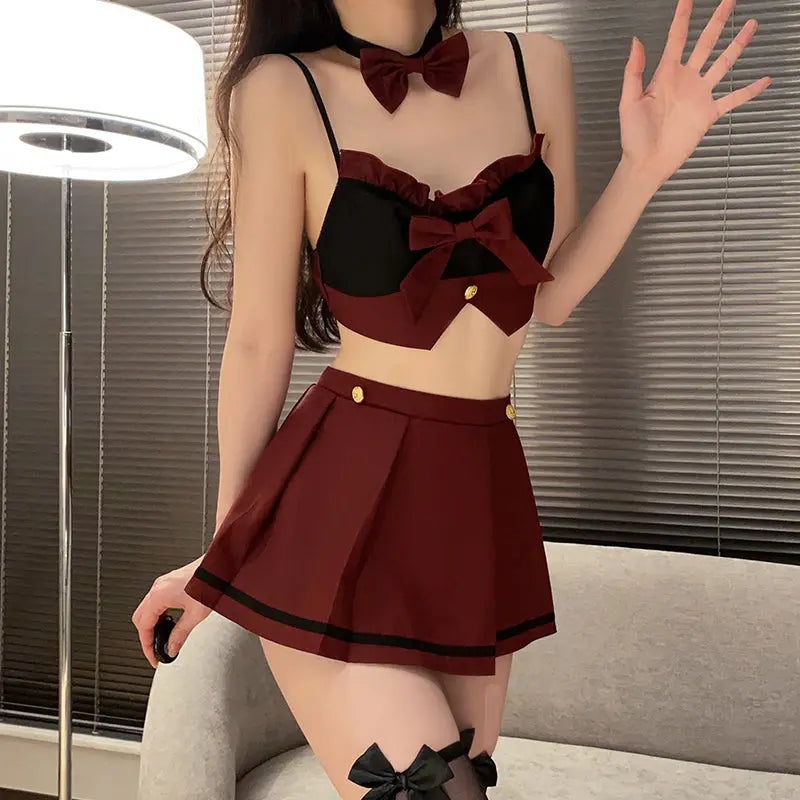 Playful Schoolgirl Costume with Ultra-Short Pleated Skirt and Waist-Revealing Design Peach Passion