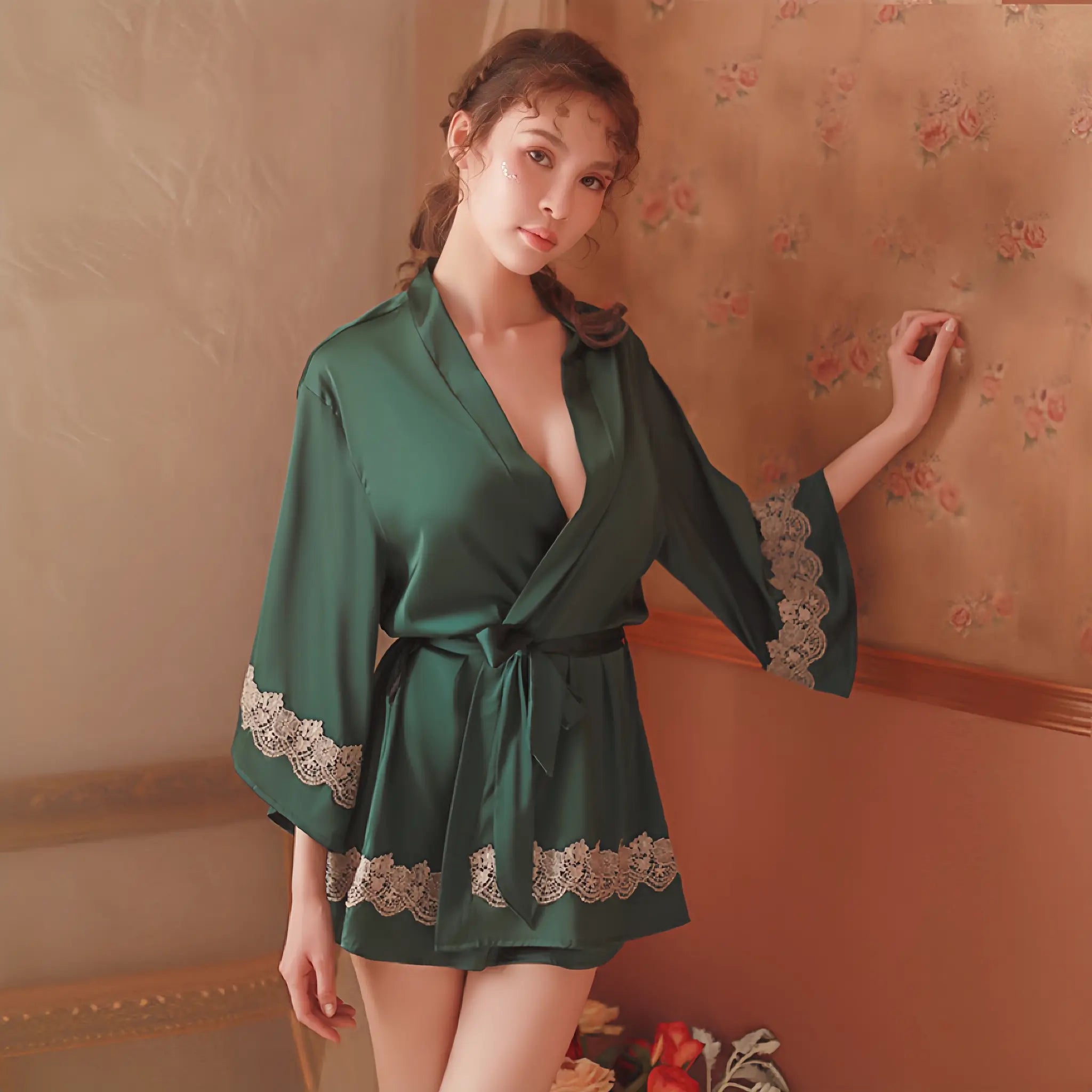 Satin Patchwork Embroidered Sleepwear for Women Peach Passion