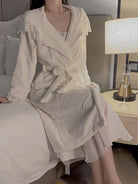 Charming Lace-Trim Robe and Strappy Sleep Dress Set - Cozy Flannel and Cotton Home Wear Peach Passion