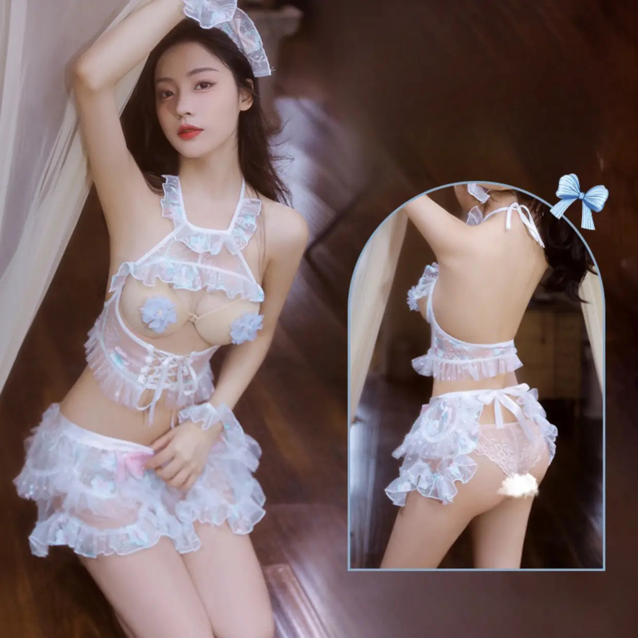 Floral Embroidery Sheer Bust Maid Costume Peach Passion