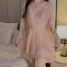 Sheer Mesh Padded Push-Up Sleep Dress with Lace Deep V Camisole Robe Peach Passion