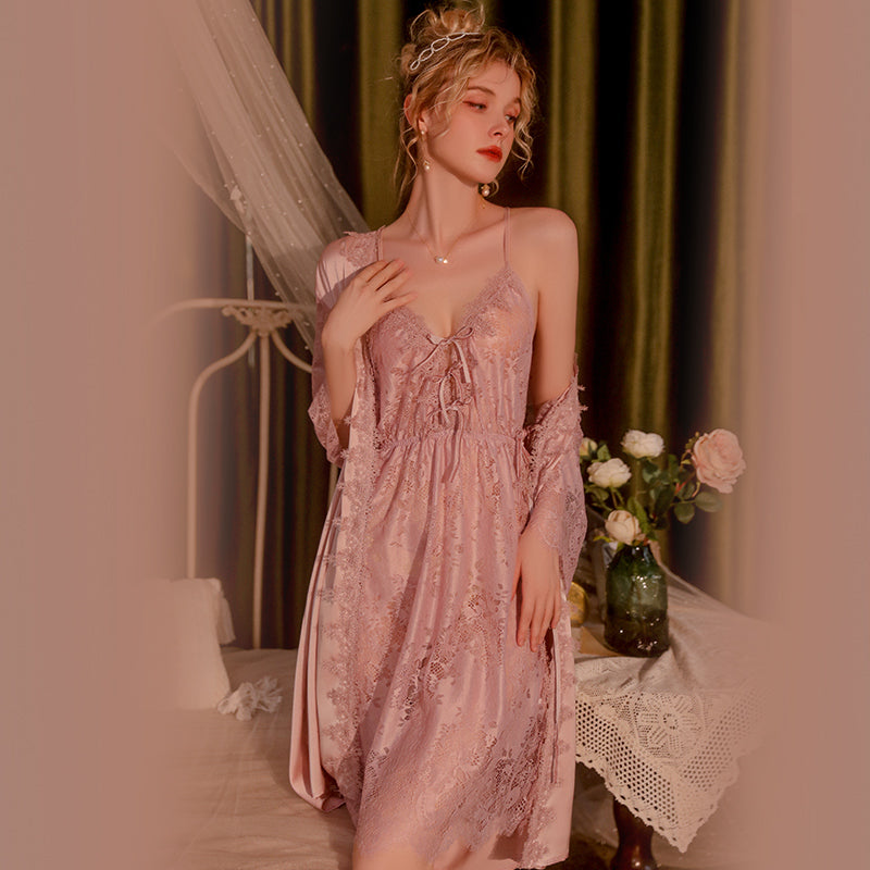 Lace Sheer Deep V-neck Strap Nightgown