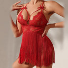 Pure Desire Lace Sheer Deep V Seductive Fringe Hem Sexy Backless Nightgown Set Peach Passion