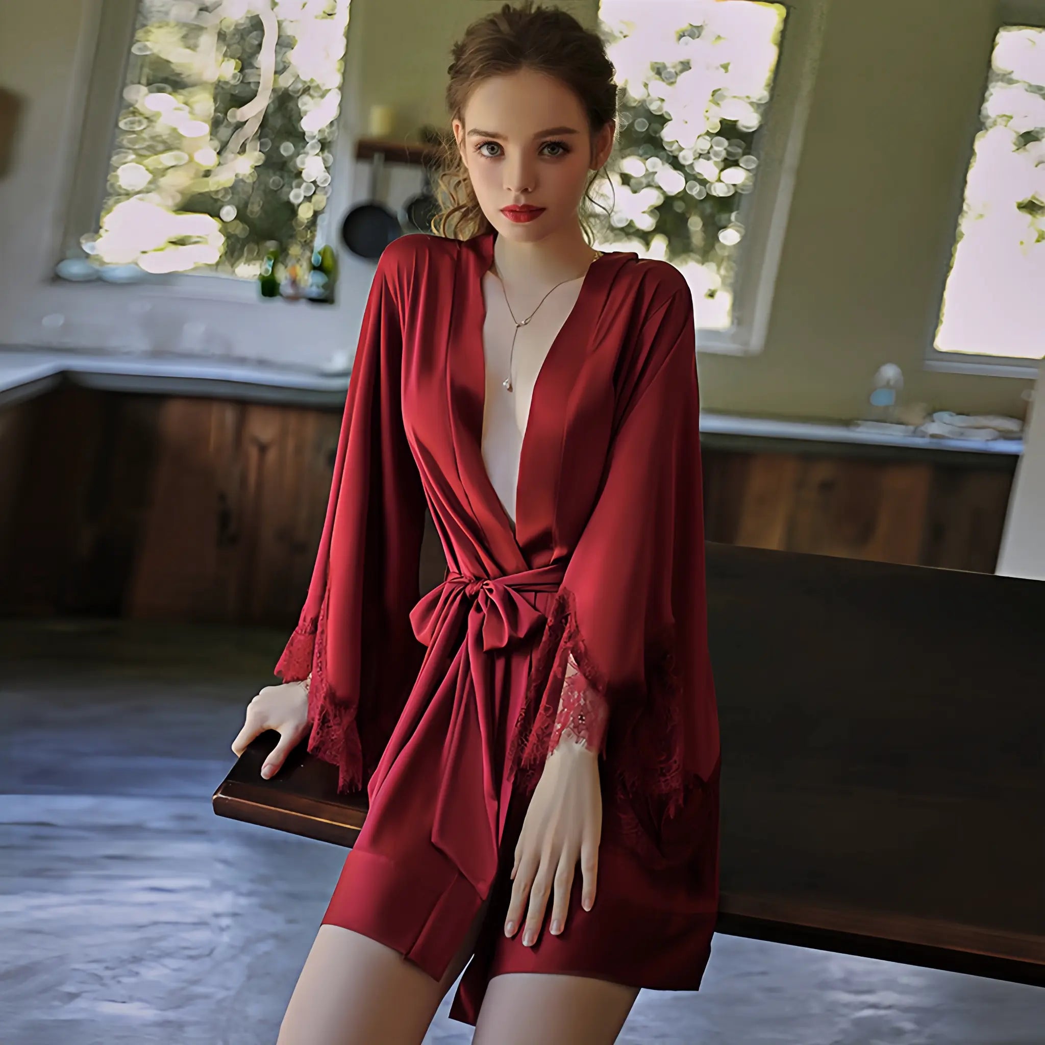 Elegant Red Silk Robe with Lace Cuff Detail - Luxurious Belted Loungewear Peach Passion