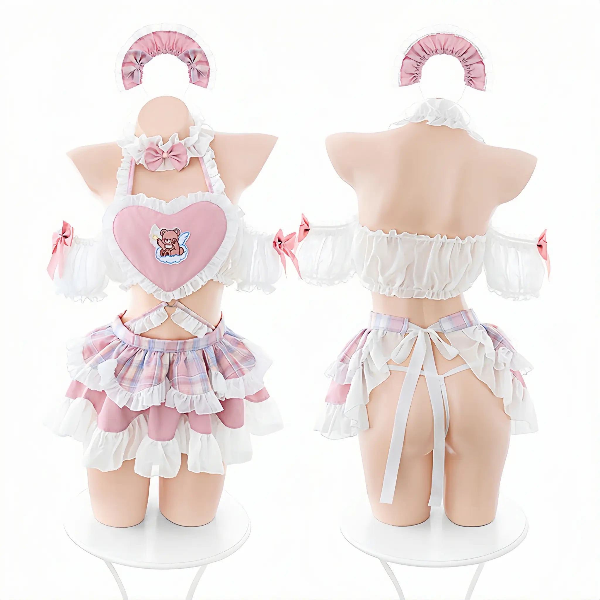 Adorable Maid-Style Heart Cutout Lingerie with Flirty Open Back Peach Passion