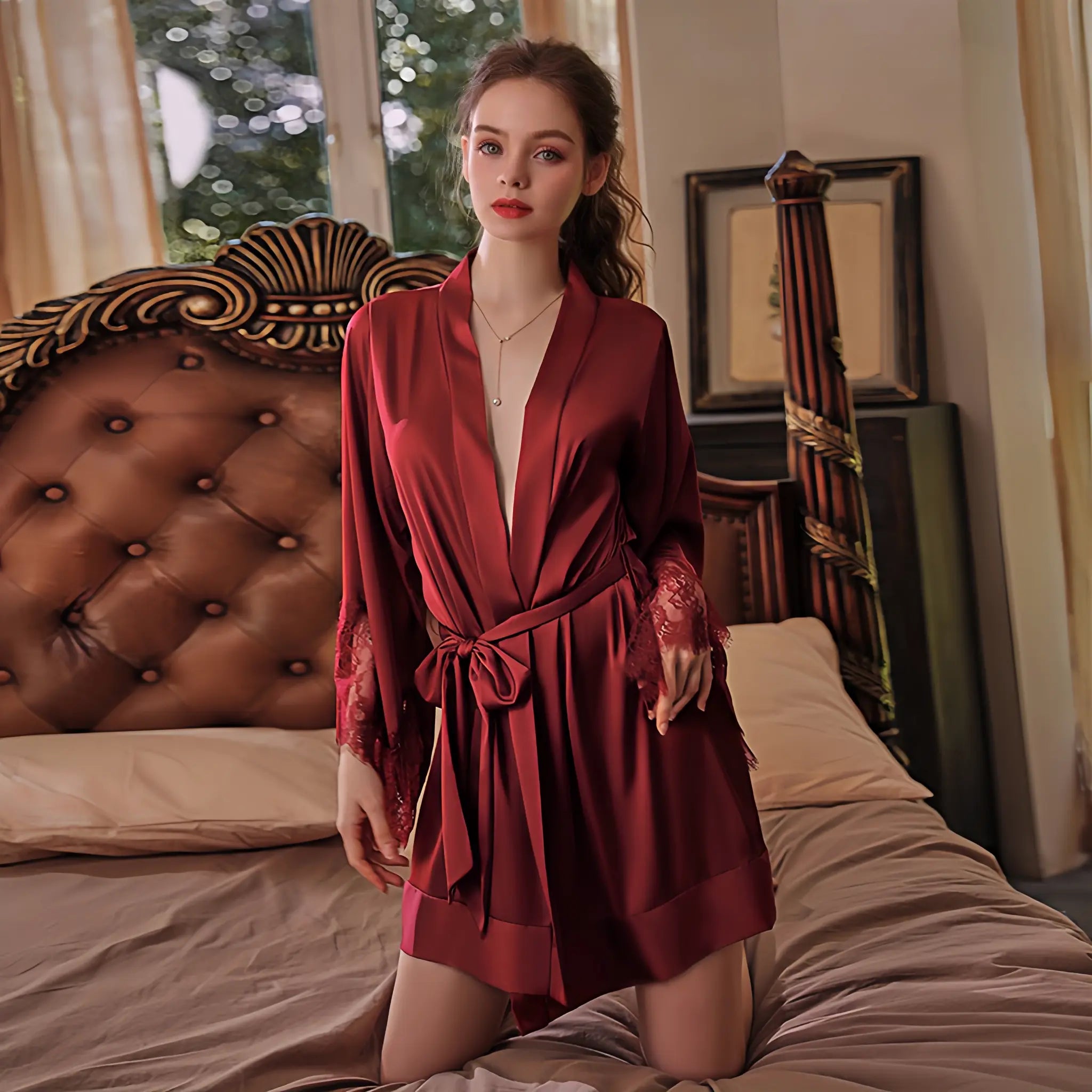 "Luxury red silk robe" "Lace cuff loungewear" "Elegant belted silk robe" "Comfortable home wear with lace detailing" "Sophisticated silk bathrobe"