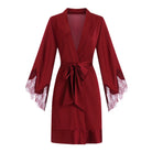 Elegant Red Silk Robe with Lace Cuff Detail - Luxurious Belted Loungewear Peach Passion