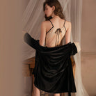 Seductive Deep V-Neck Velvet Slip Dress with Butterfly Lace and Robe Set Peach Passion