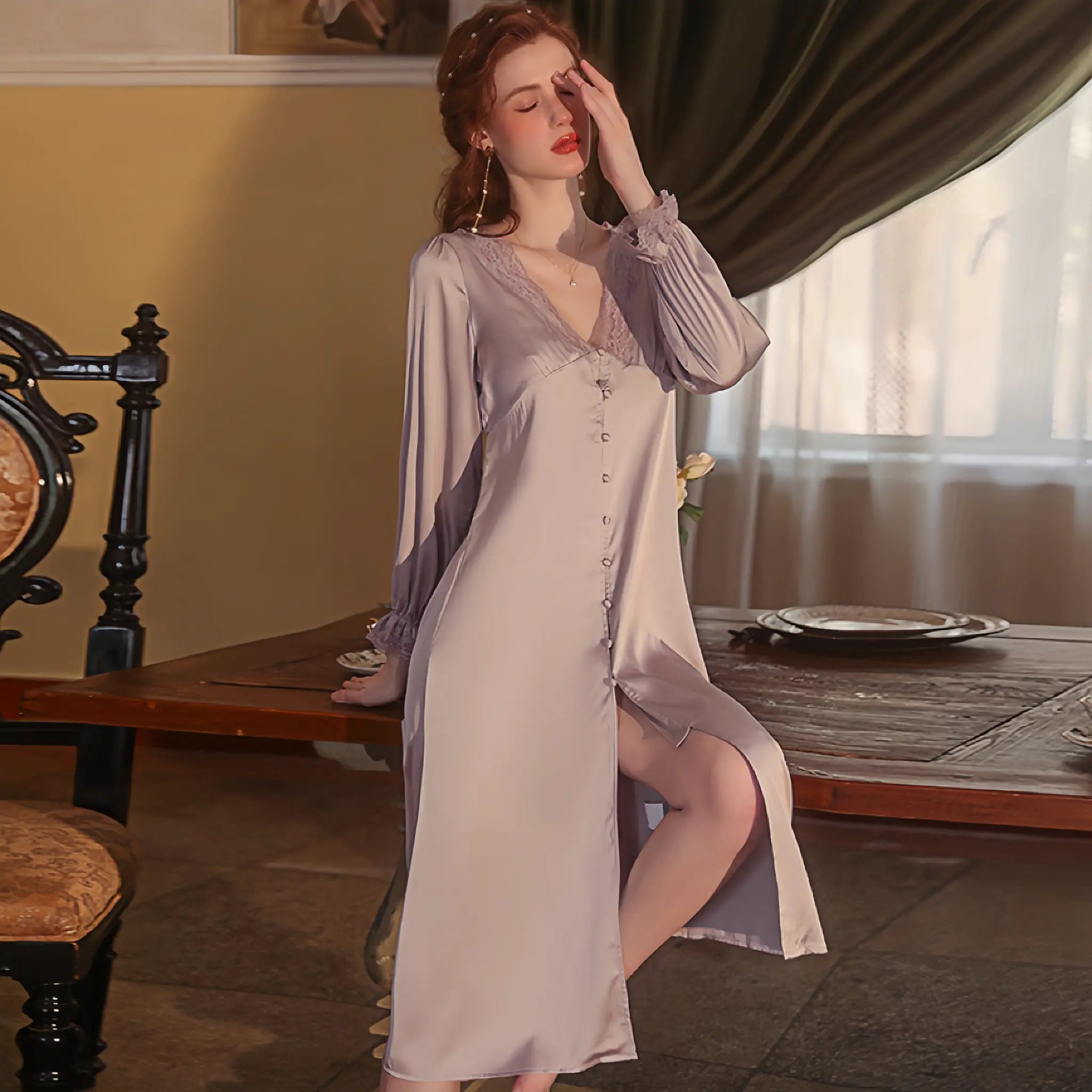 Lavender Lace Long Sleeve Robe Nightwear Peach Passion