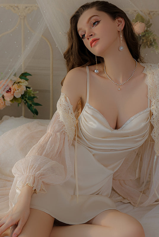 Sensual Low-Cut Plunging Neckline Pearl Embellished Tie-Back Nightgown Peach Passion