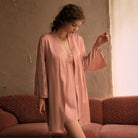 Satin Spaghetti Strap Long Sleeve Lace-Up Nightgown Peach Passion