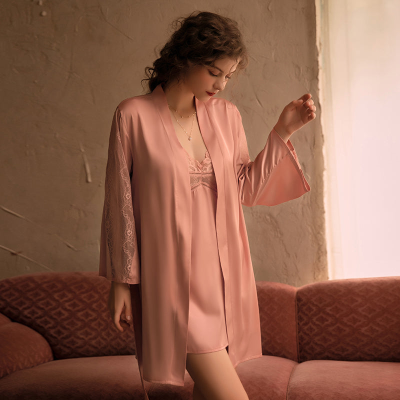 Satin Spaghetti Strap Long Sleeve Lace-Up Nightgown Peach Passion