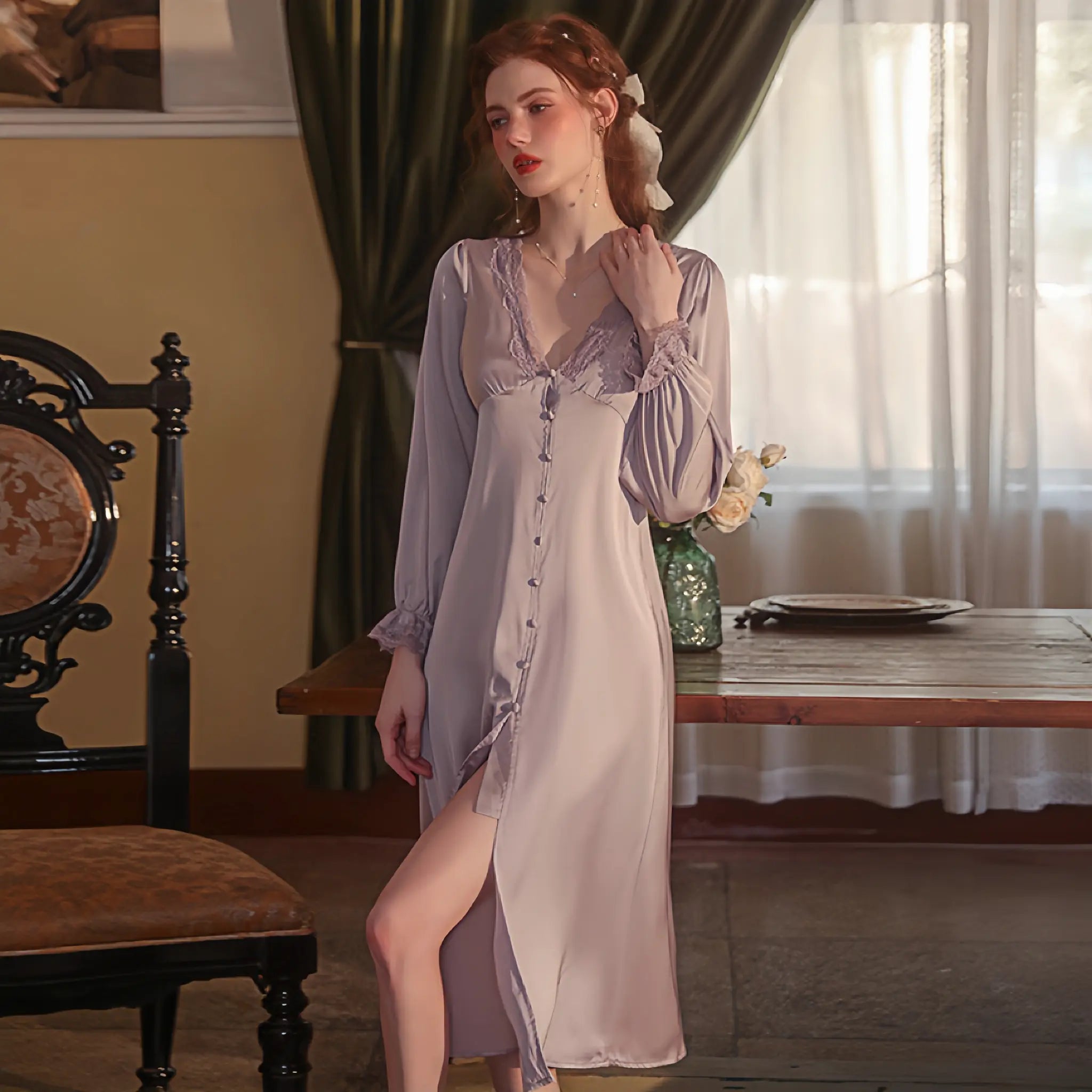 Lavender Lace Long Sleeve Robe Nightwear Peach Passion