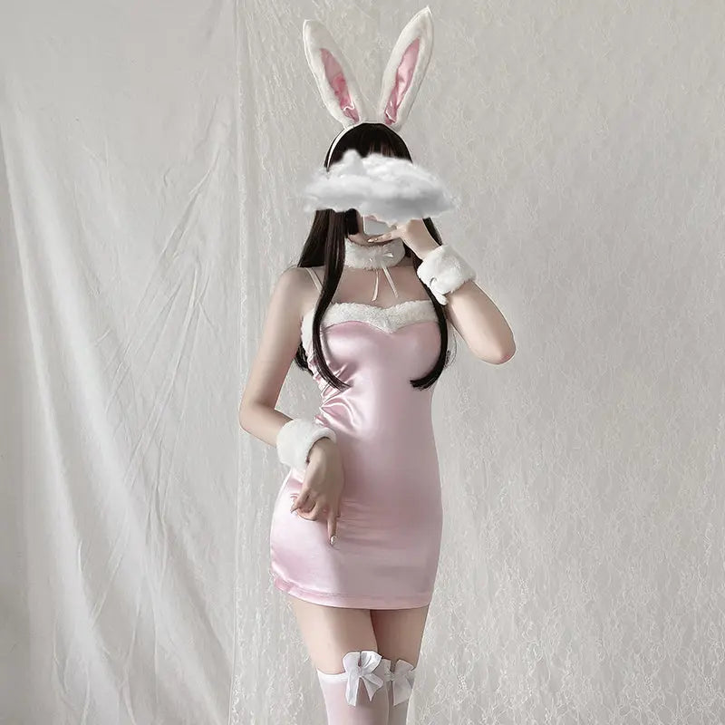 Cute and Sweet Velvet Bunny Girl Suspender Mini Skirt Role Play Uniform Set for Women Peach Passion