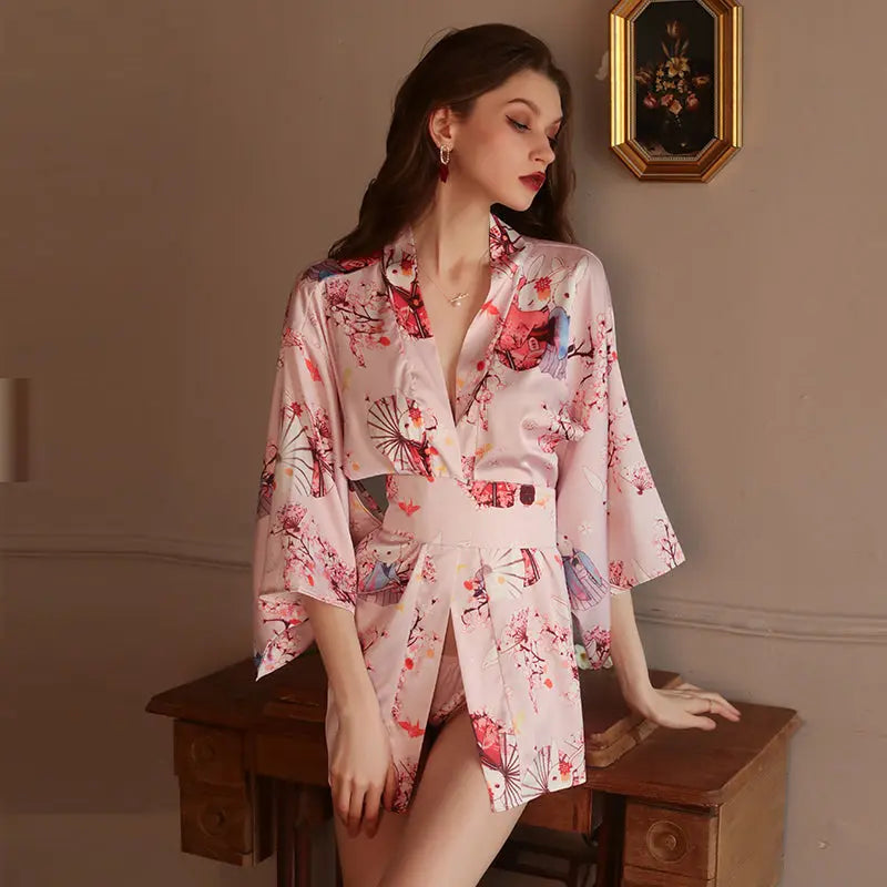 Sensual Deep V Japanese Print Kimono-Inspired Lingerie Peach Passion