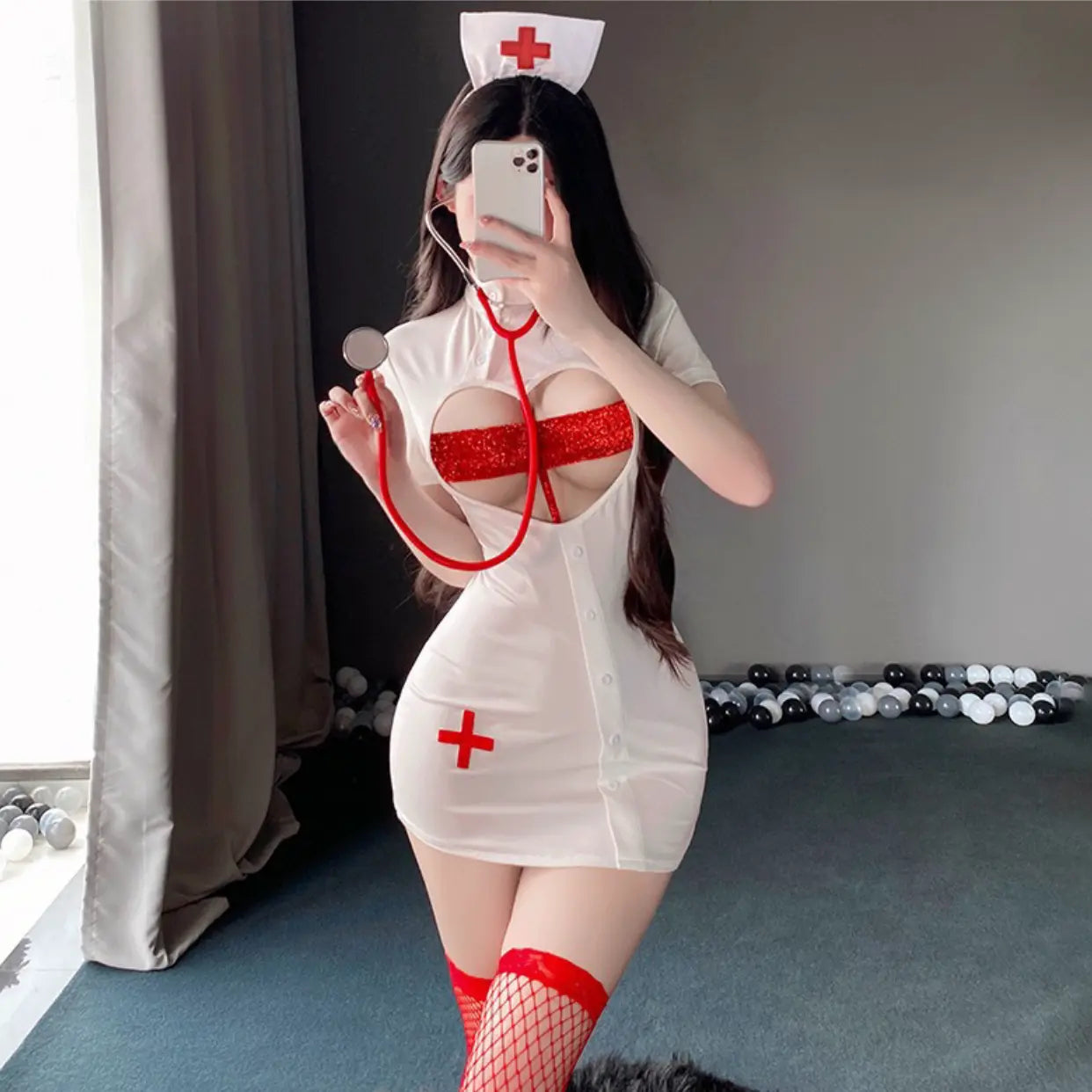 Heart Cutout Sequin Nurse Costume Peach Passion