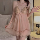 Sheer Mesh Padded Push-Up Sleep Dress with Lace Deep V Camisole Robe Peach Passion