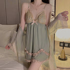 Sheer Mesh Padded Push-Up Sleep Dress with Lace Deep V Camisole Robe Peach Passion