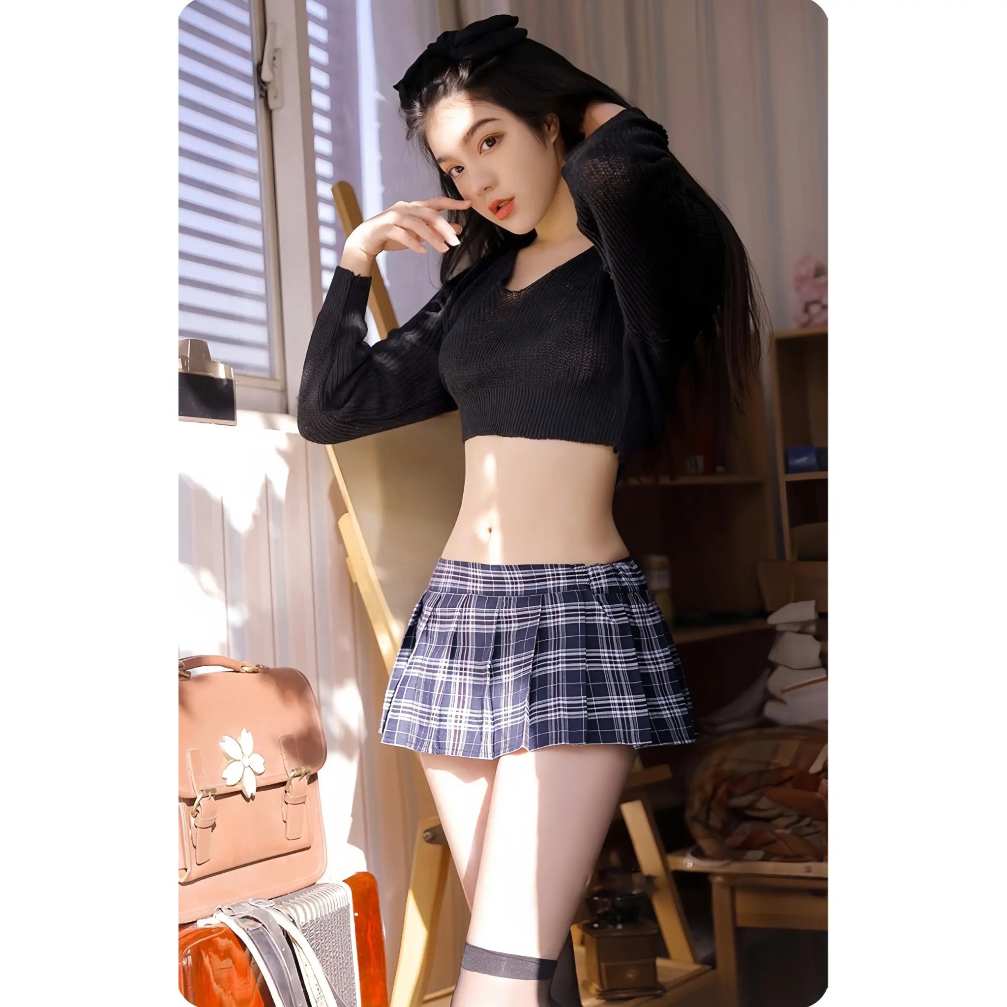 Cute Schoolgirl JK Sweater Uniform Sheer Lingerie Peach Passion