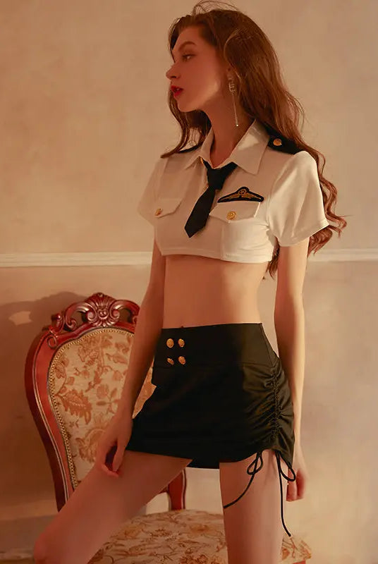 Seductive Sheer Shirt and Mini Skirt Flight Attendant Uniform Set Peach Passion