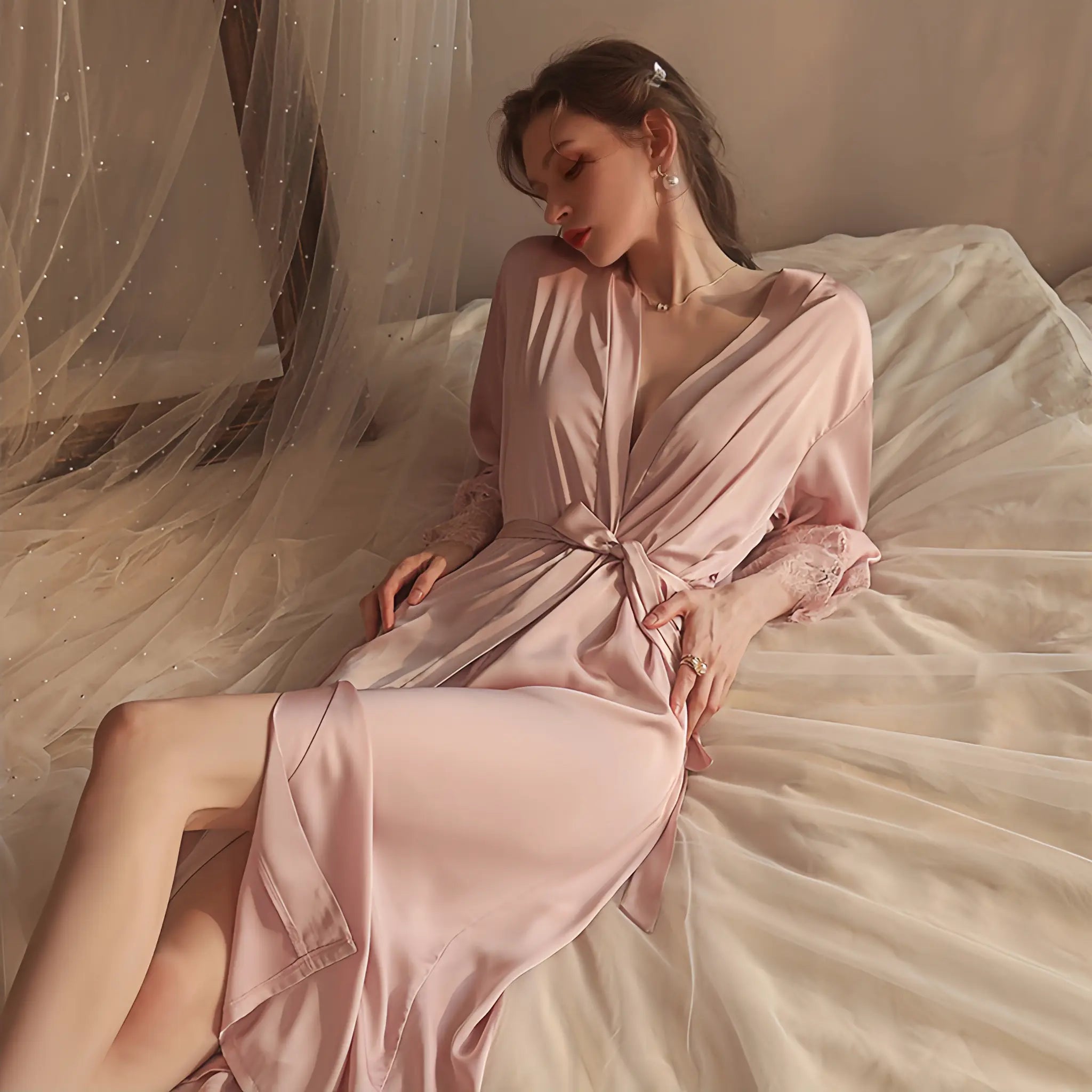 Elegant Satin Charmeuse Lounge Robe Set with Tie-Waist - Autumn/Winter Collection Peach Passion