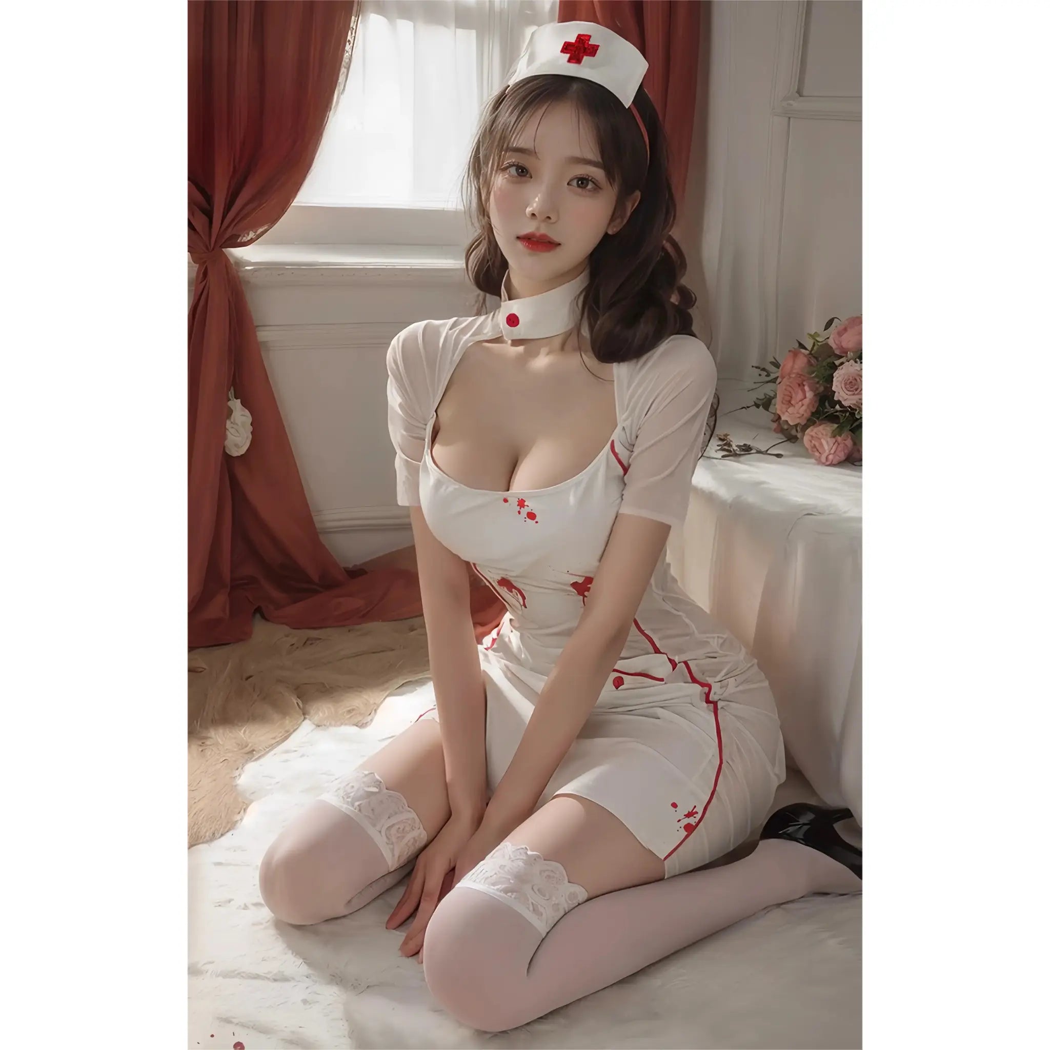 COSplay Seductive Nurse Print Lingerie Set Peach Passion