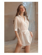 Sensual Sheer Chiffon Boyfriend Shirt - Sexy Low-Cut Uniform Lingerie Set Peach Passion