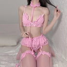 Sensual Chiffon Sheer Three-Piece Uniform Lingerie Set Peach Passion