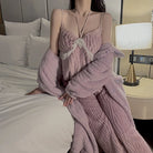 Cozy Flannel Lace-Trim Camisole Pajama Set with Matching Robe Peach Passion